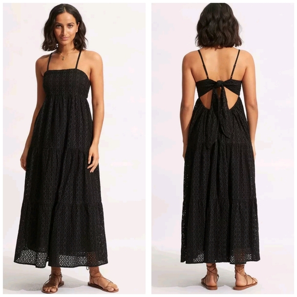 Seafolly Broderie Anglaise Tiered Eyelet Maxi Dress L US 10 Black - Picture 1 of 10